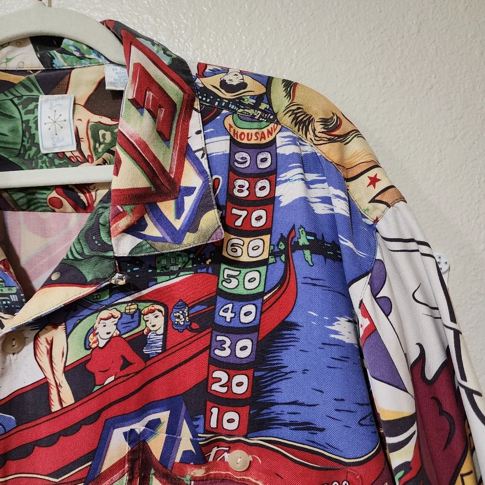 Burma Bibas Shirt Pinball Moon Glow Comic Strip Art 100% Silk size Large